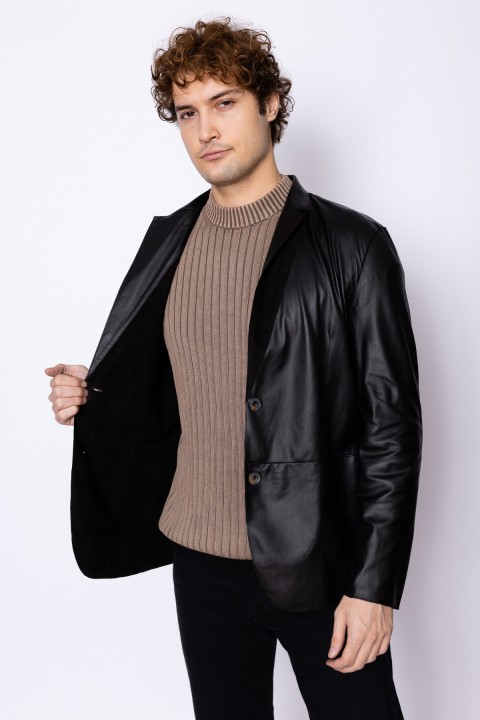 Çift Taraflı Blazer Deri Erkek Ceket Siyah