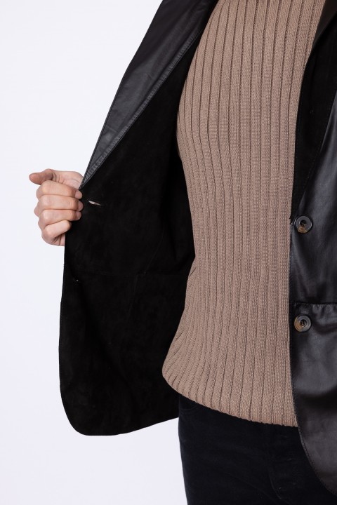 Çift Taraflı Blazer Deri Erkek Ceket Siyah